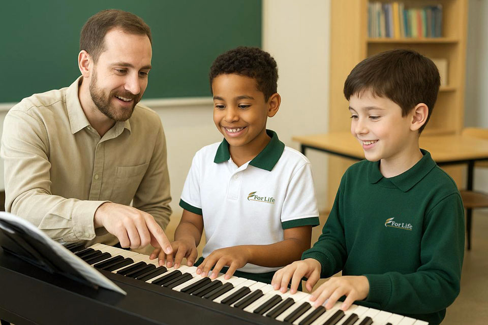 Alunos tendo aulas de música em escola cristã bilíngue