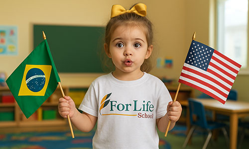 Criança segurando bandeiras do Brasil e dos Estados Unidos em sala de aula de escola cristã bilíngue
