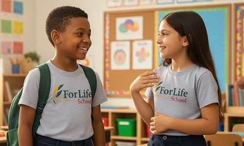 Crianças conversando em inglês em sala de aula de escola cristã bilíngue